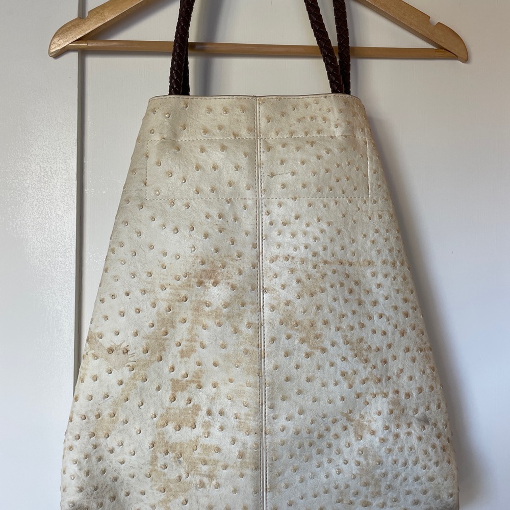 Ostrich white leather bag with brown woven leather straps